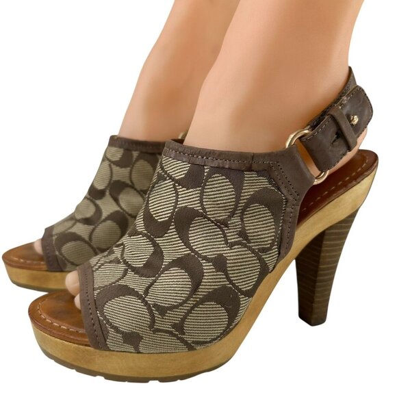 Coach Elena Mule Slingback Peep Toe Brown Khaki Canvas Monogram Size 7/38 - Picture 1 of 14